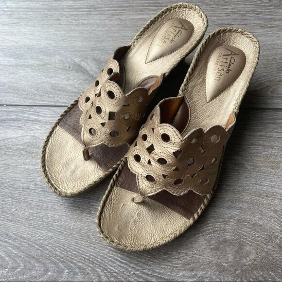 Clarks Artisan Perforated Leather Wedge  Sandals - Picture 1 of 15